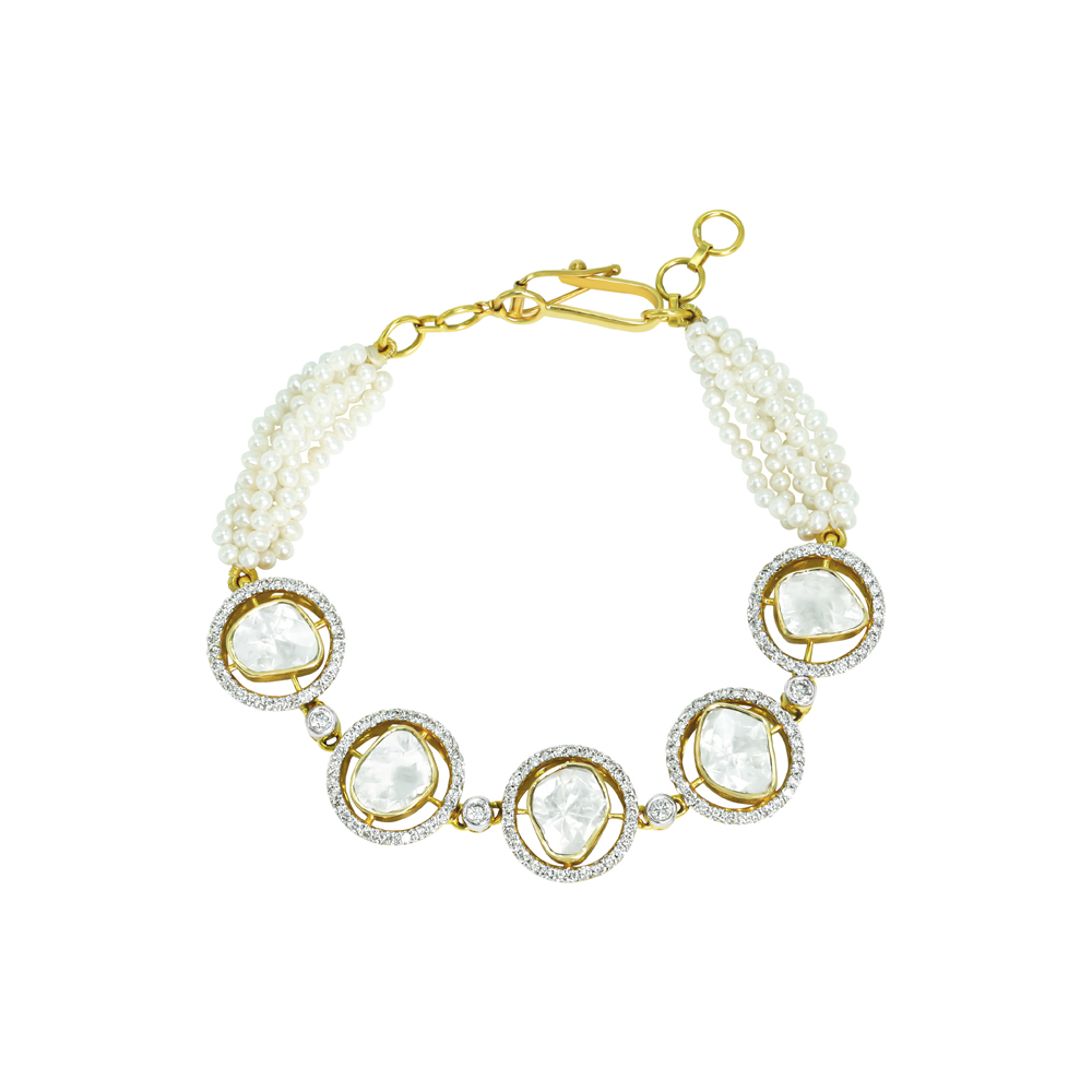 Polki Bracelet with Diamond Halos and Pearl Strands